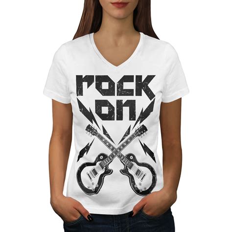 Wellcoda Rockn Roll Smash Womens V Neck T Shirt Guitar Graphic Design