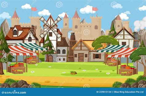 Medieval Town Scene With Villagers Cartoon Vector