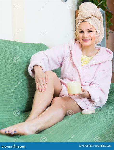 Housewife Rubbing Cream Into Skin Stock Image Image Of Skincare