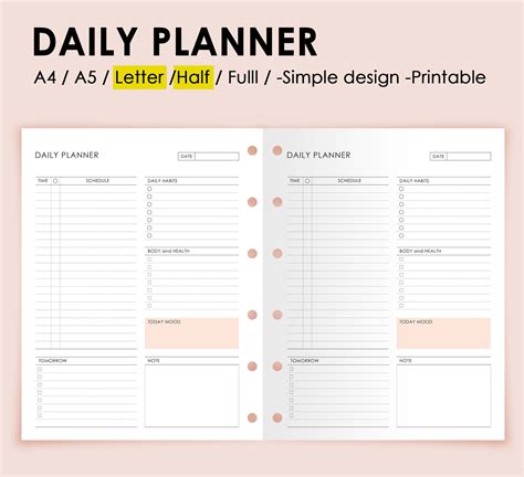 Daily Printable Digital Planner Various Size Undated Pdf File Self