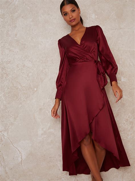 Satin Wrap Long Sleeve V Neck Dress In Red Chichiclothing
