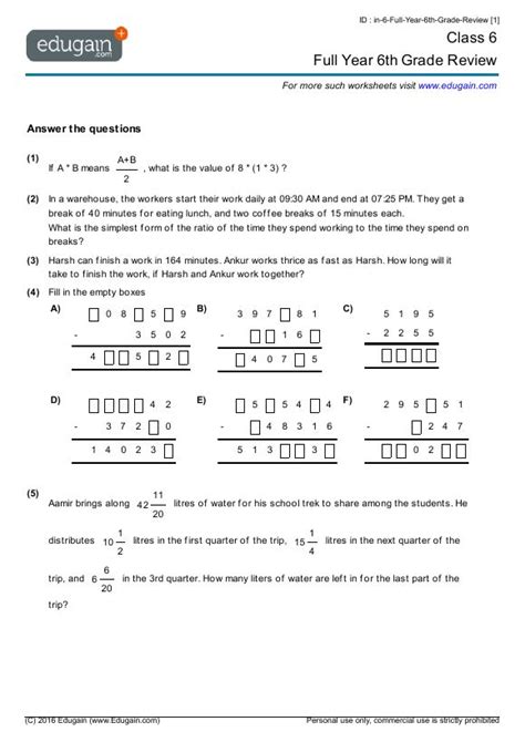 6th Grade Math Review Worksheets Free