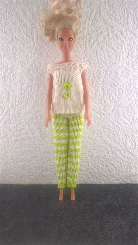 Summer Outfit For Barbie Green And Cream Striped Leggings And Cream