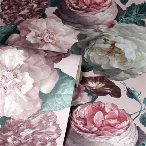 Highgrove Floral Wallpaper Flowers Roses Vintage Teal Pink Grey Matt