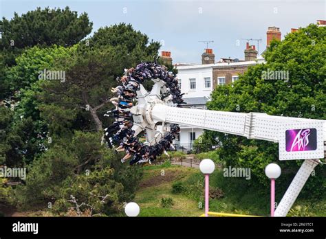 Thrill-seekers on the Axis ride in Adventure Island in Southend on Sea