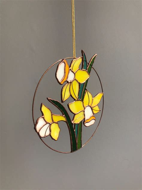 Yellow Flower Suncatcher Narcissus Stained Glass Home Decor Etsy