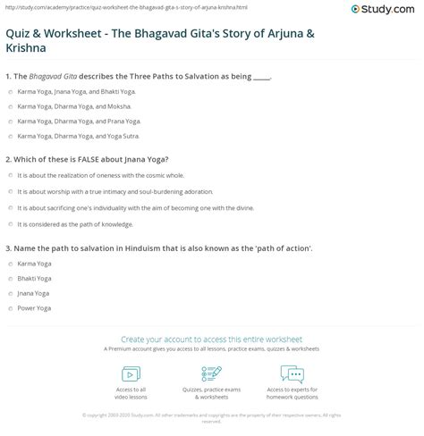 Quiz And Worksheet The Bhagavad Gitas Story Of Arjuna And Krishna