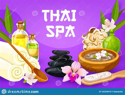 Thai Massage Spa Oil And Stones Towels And Sponge Stock Vector Illustration Of Pumice Poster