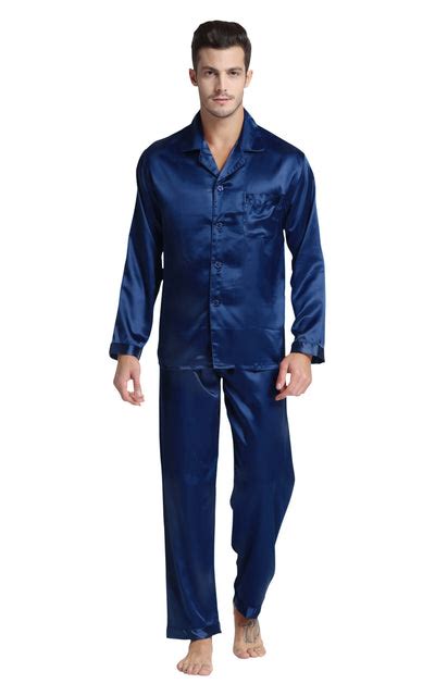 Mens Silk Satin Pajama Set Long Sleeve Navy Blue Tony And Candice