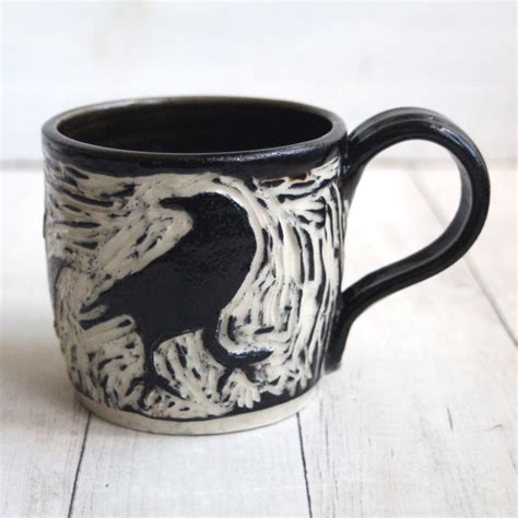 Andover Pottery — Black Crow Sgraffito Mug Hand Carved Raven Coffee