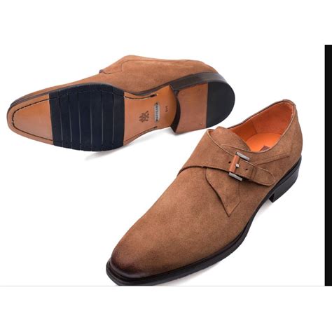 Mezlan Praga Tan Genuine Suede Plain Toe Monk Strap Shoes 9127