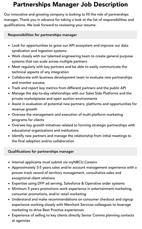 Partnerships Manager Job Description Velvet Jobs