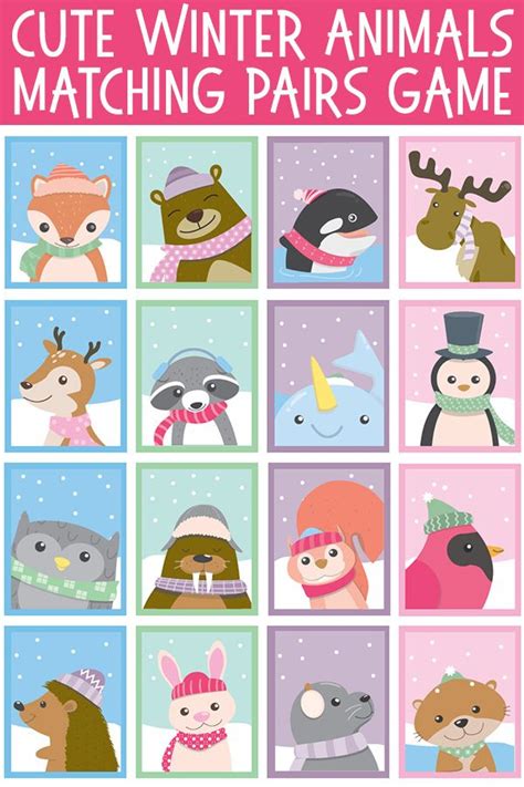 Winter Animal Matching Pairs Game Free Printable Memory Cards