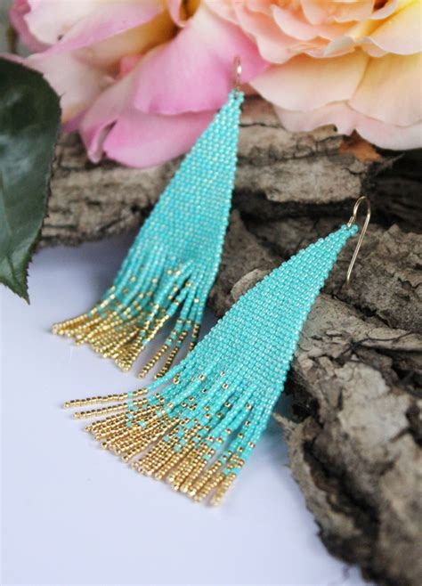 Beaded Fringe Earrings Turquoise Green And Gold Etsy Seed Bead