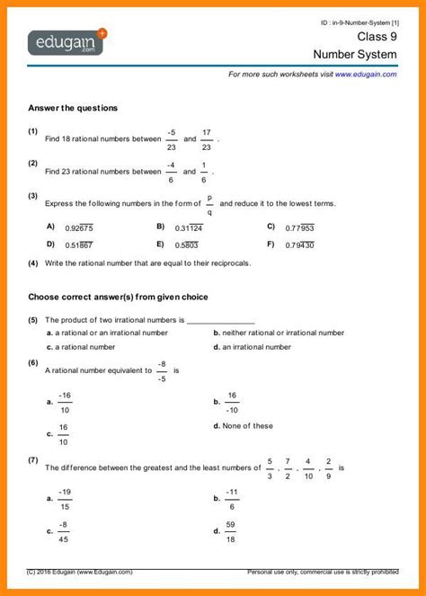 Worksheets On Rational And Irrational Numbers For Grade 9 Icse