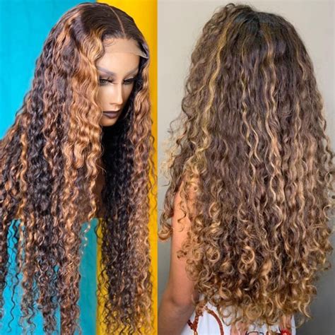 Curly Human Hair Wig Honey Blonde Ombre Brazilian Brown Color Deep Water Wave Hd Full