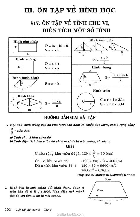 Giải Toán Lớp 5 Ôn Tập Về Tính Chu Vi Diện Tích Một Số Hình