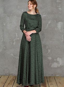 Vintage O Neck Three Quarters Sleeve Big Hem Maxi Dress Maxi Dress