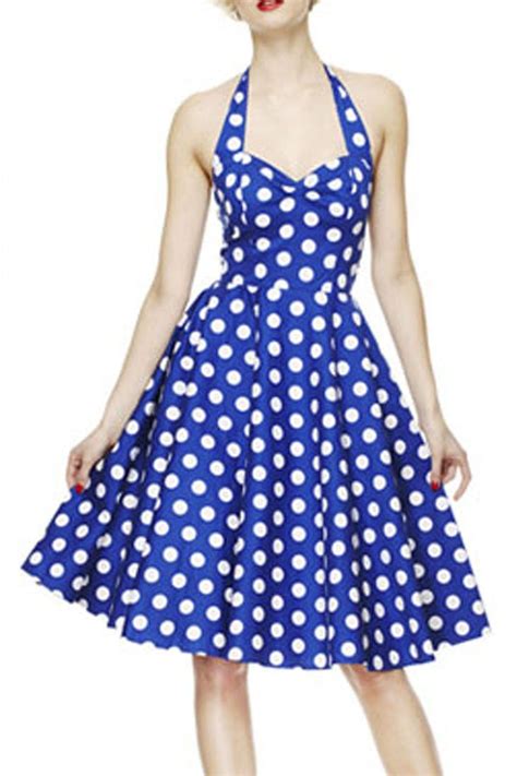 Blue Polka Dot Print Halter Neck Swing Dress