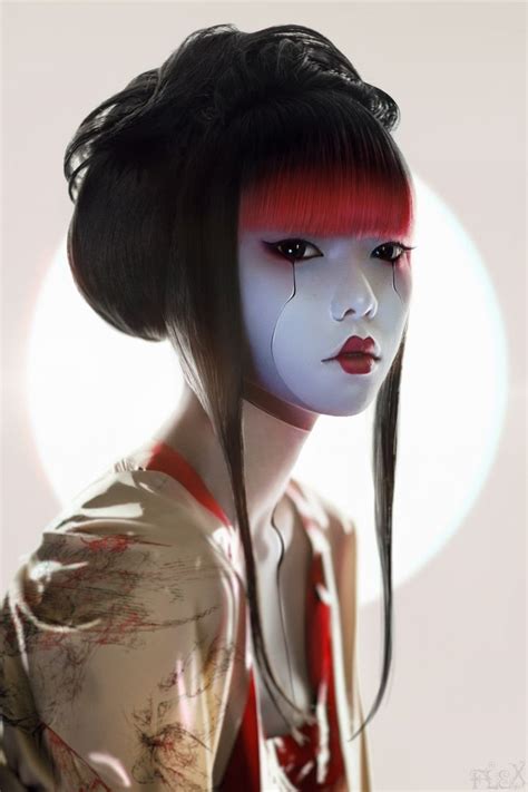 A Woman With Red Hair And White Make Up Is Wearing A Geisha Outfit