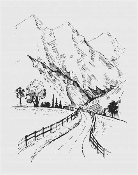 Premium Vector Sketch Of A Landscape With A Road And Mountains Hand