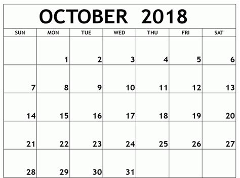 October 2018 Calendar Template Office Calendar Printables Printable