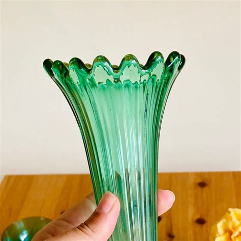 Vintage Green Glass Fluted Ripple Vase Etsy