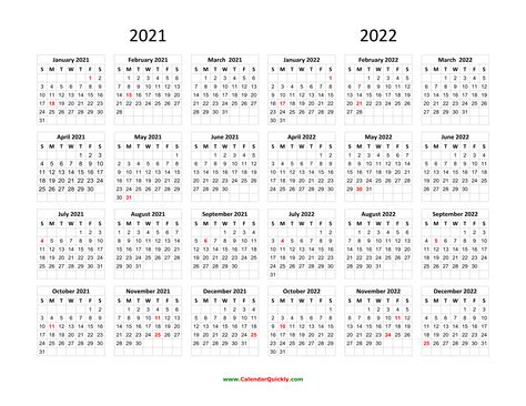 Calendar 2021 And 2022 On One Page Calendar Quickly