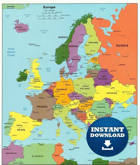 Digital Political Colorful Modern Map Of Europe Ready To Etsy