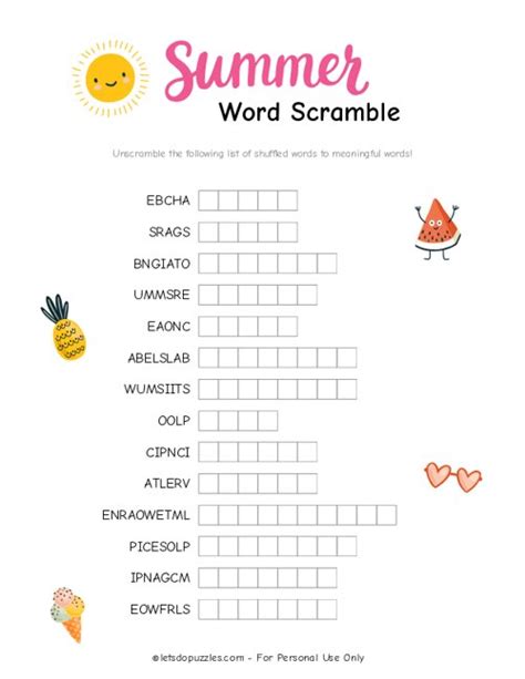 Summer Word Scramble Free Printable With Answer Key Summer Word
