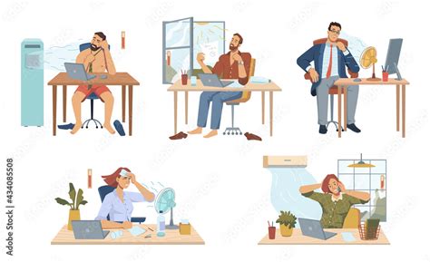 Employees Working In Office During Summer Heat Isolated People Using