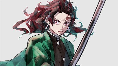 Demon Slayer Tanjiro Kamado Wearing Black And Green Checked Dress With Sword With Background Of