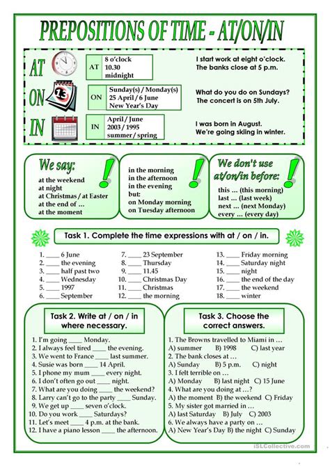 You may freely moderate the file adding or deleting the things or prepoposition you want. Prepositions of time at in on worksheet - Free ESL ...