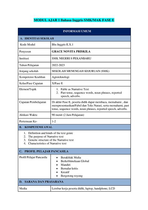 Modul Ajar Narrative Text Modul Ajar Bahasa Inggris Smk Mak Fase My