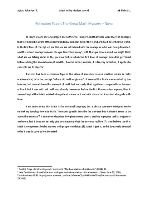 Besides, a good reflective essay paper format will also enable you to properly organize the flow of ideas in the essay from the introduction to conclusion. Reflection Paper (The great math mystery)