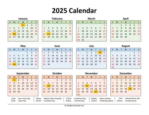 2025 Calendar With Us Holidays Editable In Excel Word Pdf