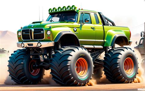 Cartoon Illustration Of A Green Monster Truck With A Big Tire