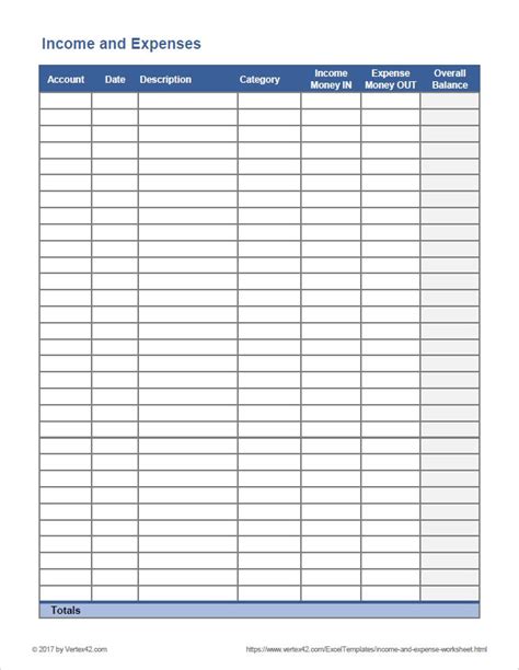 Free Printable Income And Expense Worksheet Pdf From Vertex42