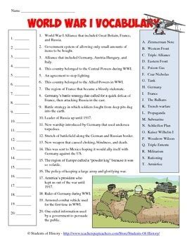 World war ii began when german troops invaded poland on 1 september 1939. World War I Vocabulary Matching Worksheet by Students of ...