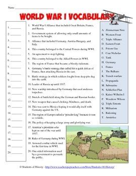 The great war, world war i free use powerpoints for the classroom. World War I Vocabulary Matching Worksheet by Students of ...