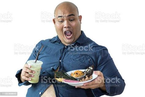 Fat Man Eating Portrait Of Overweight Person Feels Hungry And Eating