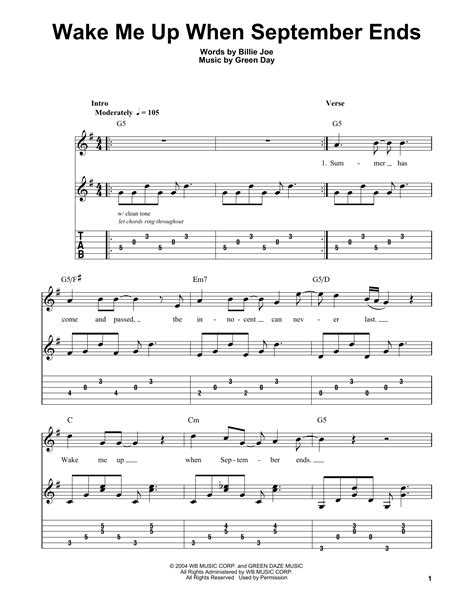 Wake Me Up When September Ends By Green Day Easy Guitar Tab Guitar
