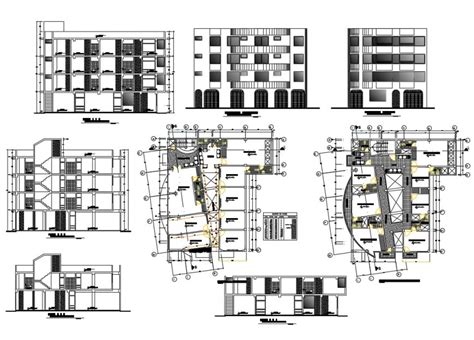 Multi Level Hostel Building All Sided Elevation Section And Floor Plan