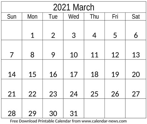 March 2021 Calendar Landscape And Vertical Template Download