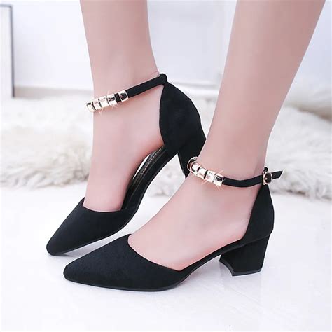 2018 women sexy square heel shoes pumps beading ankle strap thick heel pointed toe shoes womens