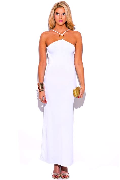 Shop White Bejeweled Halter Backless Maxi Sun Dress Sexy Backless