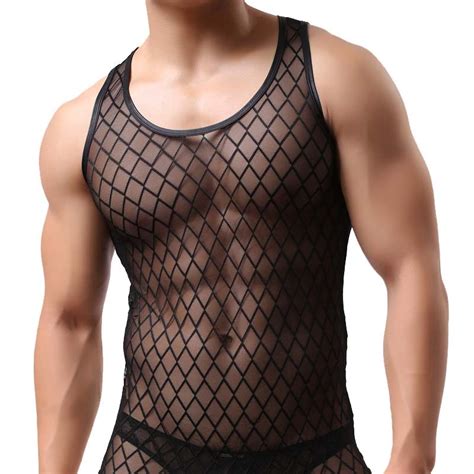 Fashion Nylon Man Sexy Underwear Fishnet See Through Sleeveless Tank