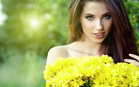 wallpaper face sunlight women model flowers long hair brunette green eyes yellow