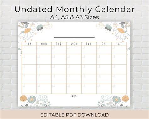 Undated Editable Monthly Calendar Printable Planner Pdf Etsy