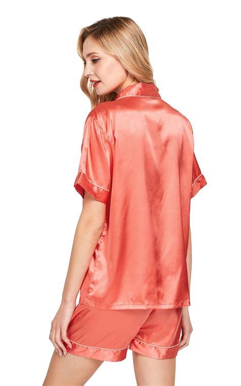 women s silk satin pajama set short sleeve living coral with white pi tony and candice